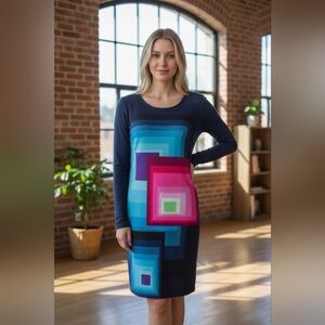 NWOT Desigual Ymanga Knit Dress Geometric Square Multi Color Navy 🔵 Bodycon.
